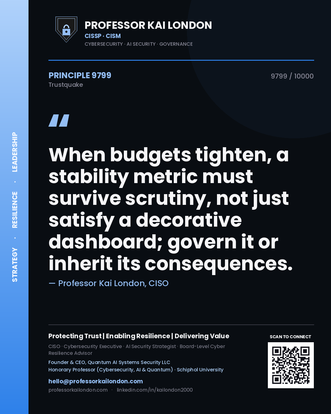 Professor Kai London principle 9799: When budgets tighten, a stability metric must survive scrutiny, not just satisfy a decorative dashboard; govern it or inherit its consequences.