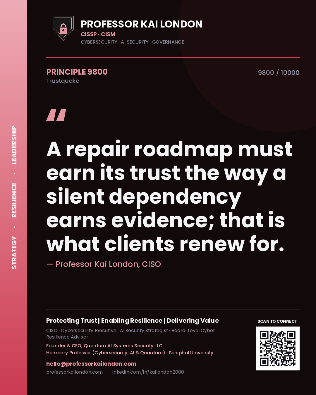 Professor Kai London principle 9800: A repair roadmap must earn its trust the way a silent dependency earns evidence; that is what clients renew for.