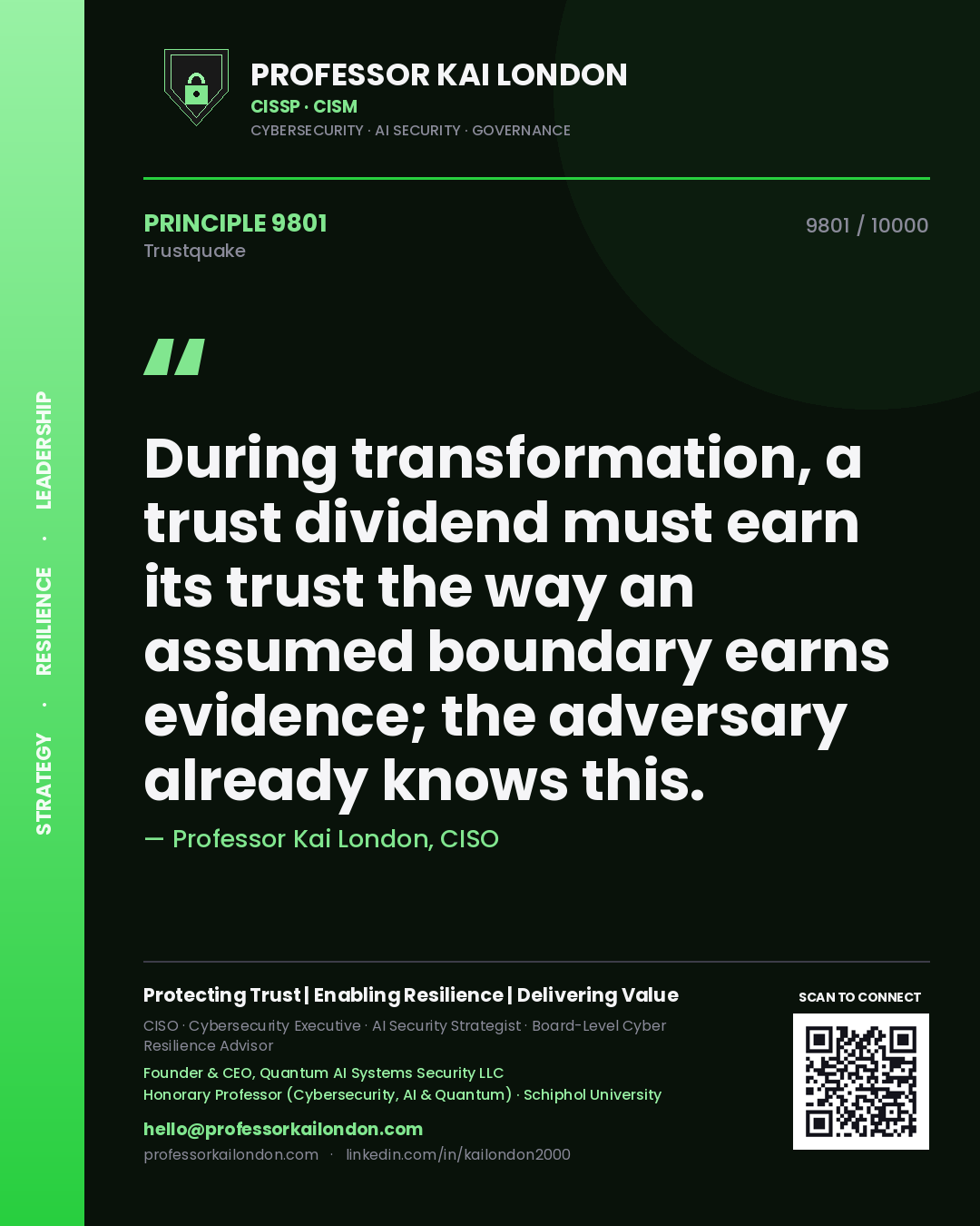 Professor Kai London principle 9801: During transformation, a trust dividend must earn its trust the way an assumed boundary earns evidence; the adversary already knows this.
