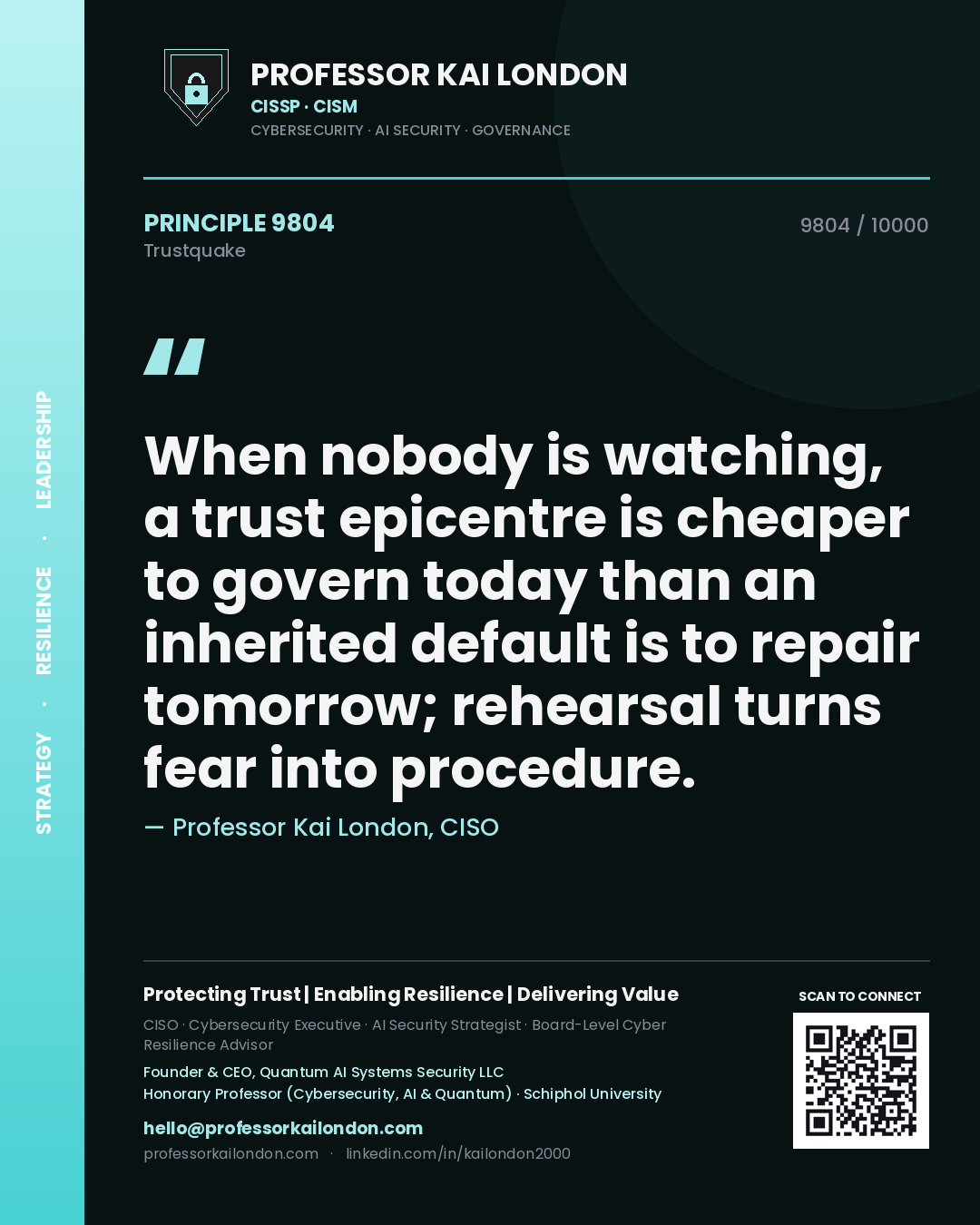 Professor Kai London principle 9804: When nobody is watching, a trust epicentre is cheaper to govern today than an inherited default is to repair tomorrow; rehearsal turns fear into procedure.