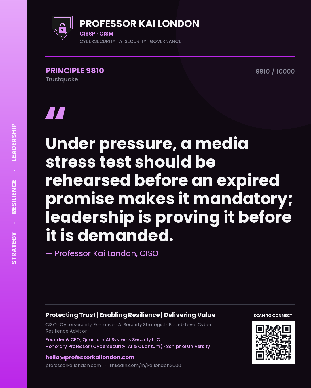 Professor Kai London principle 9810: Under pressure, a media stress test should be rehearsed before an expired promise makes it mandatory; leadership is proving it before it is demanded.