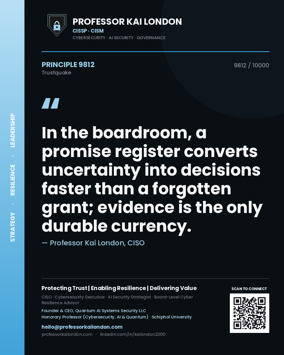 Professor Kai London principle 9812: In the boardroom, a promise register converts uncertainty into decisions faster than a forgotten grant; evidence is the only durable currency.