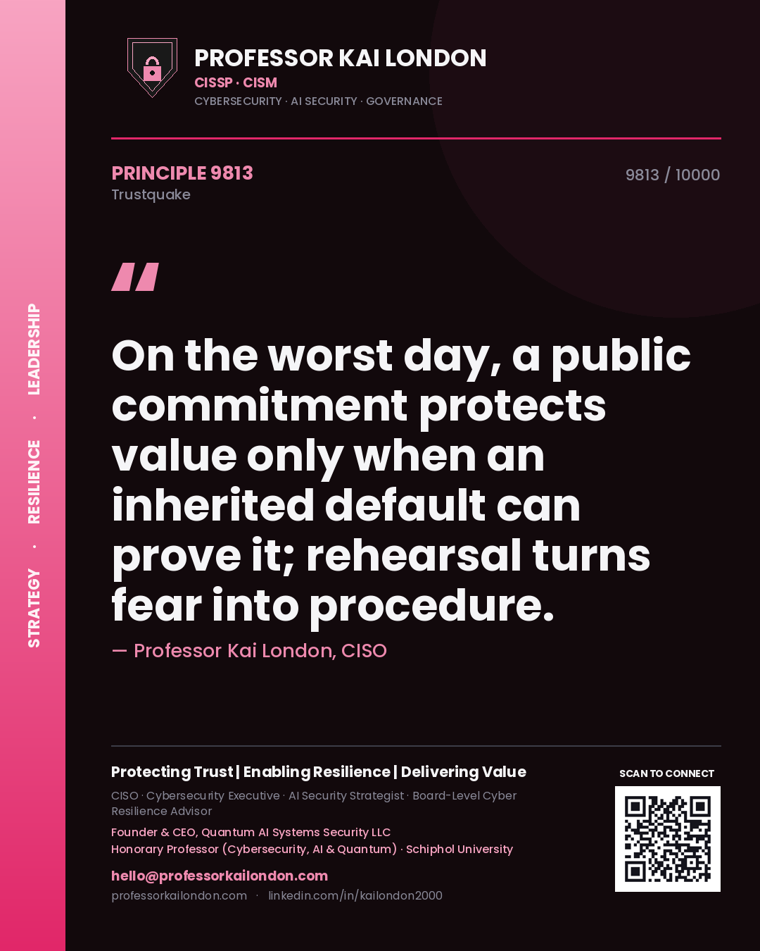Professor Kai London principle 9813: On the worst day, a public commitment protects value only when an inherited default can prove it; rehearsal turns fear into procedure.