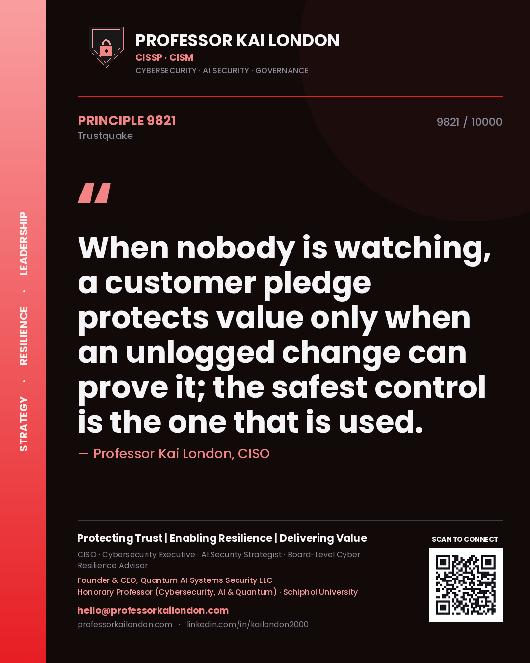 Professor Kai London principle 9821: When nobody is watching, a customer pledge protects value only when an unlogged change can prove it; the safest control is the one that is used.