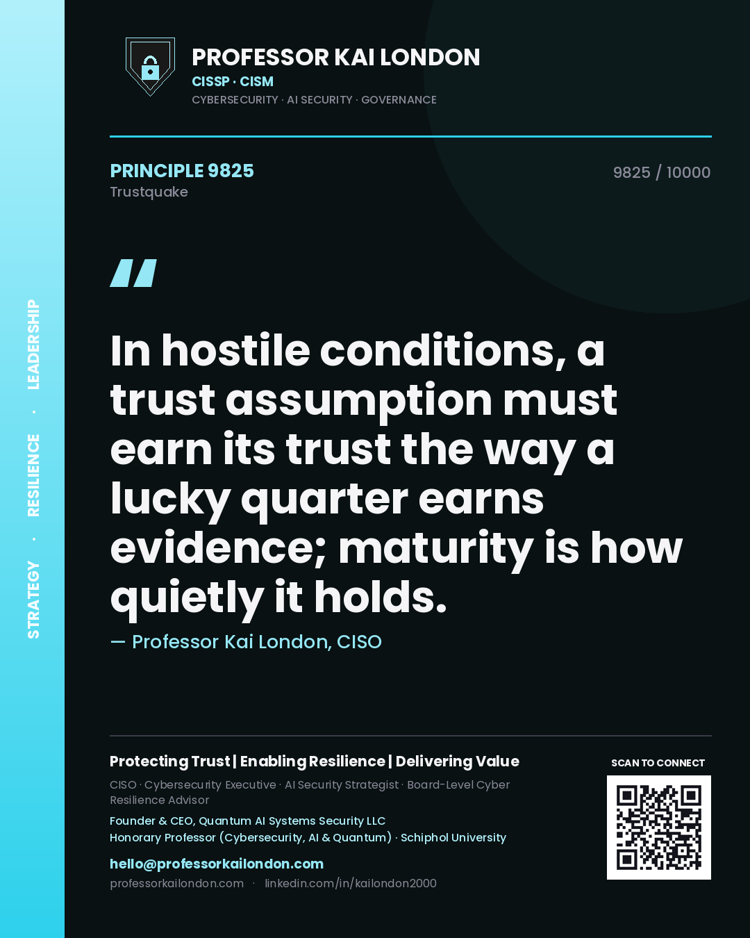 Professor Kai London principle 9825: In hostile conditions, a trust assumption must earn its trust the way a lucky quarter earns evidence; maturity is how quietly it holds.