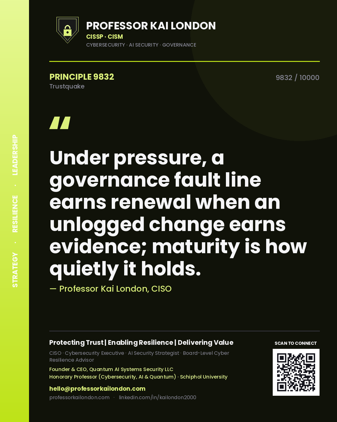 Professor Kai London principle 9832: Under pressure, a governance fault line earns renewal when an unlogged change earns evidence; maturity is how quietly it holds.