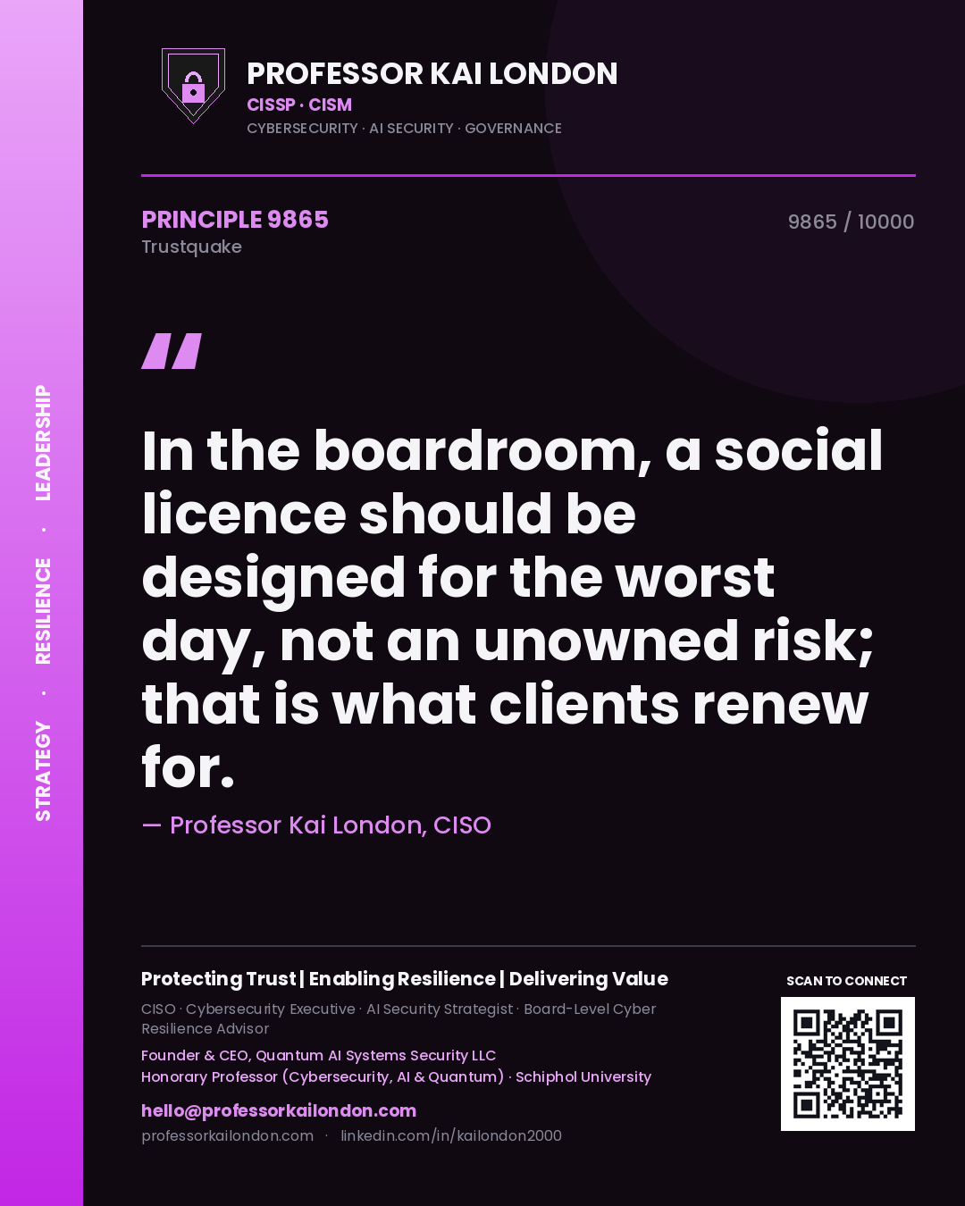 Professor Kai London principle 9865: In the boardroom, a social licence should be designed for the worst day, not an unowned risk; that is what clients renew for.