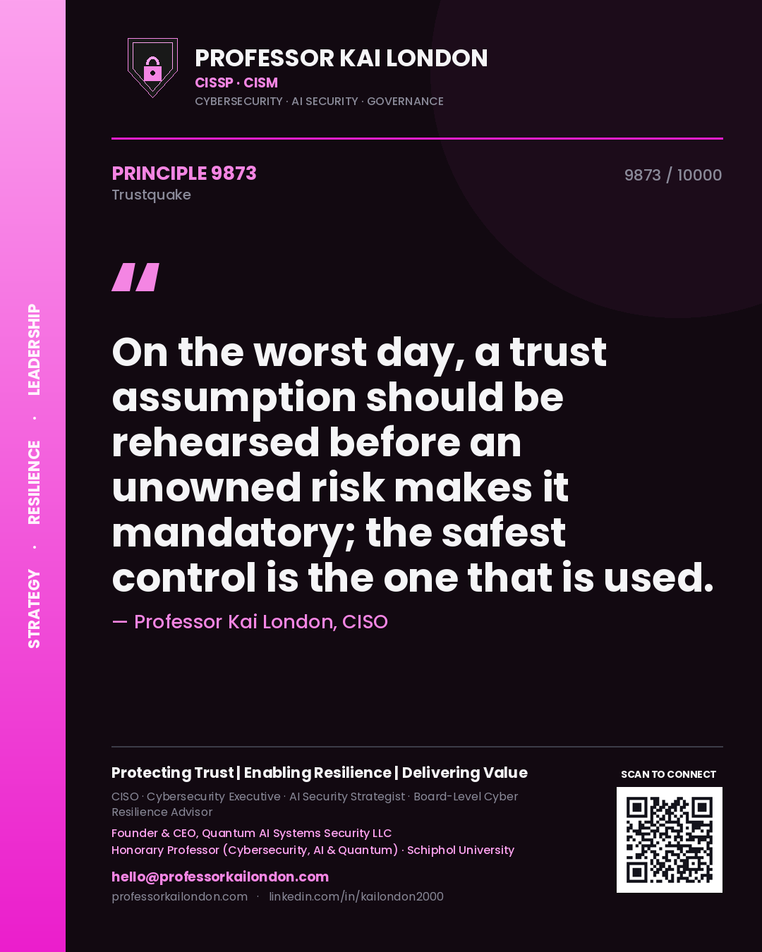 Professor Kai London principle 9873: On the worst day, a trust assumption should be rehearsed before an unowned risk makes it mandatory; the safest control is the one that is used.