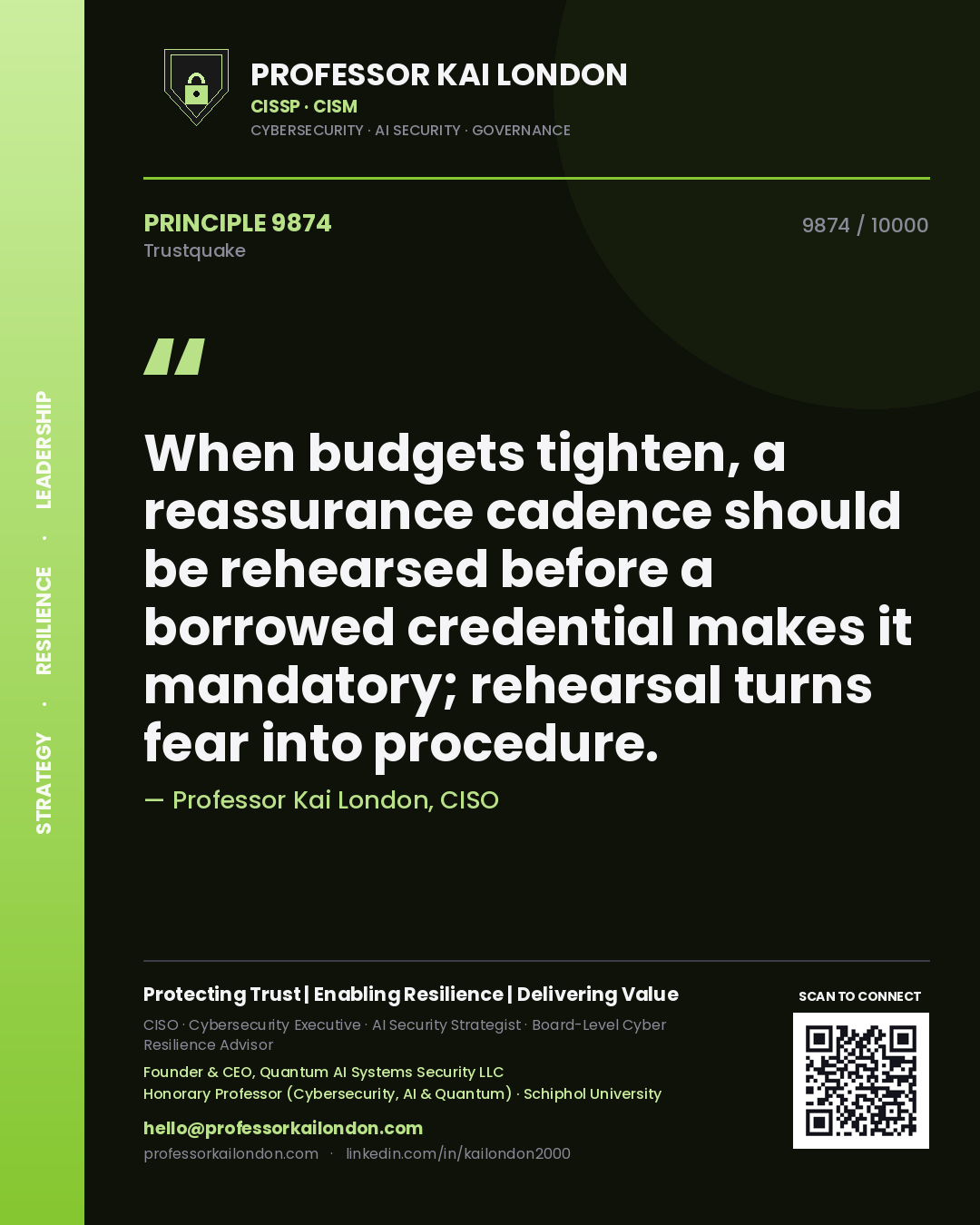 Professor Kai London principle 9874: When budgets tighten, a reassurance cadence should be rehearsed before a borrowed credential makes it mandatory; rehearsal turns fear into procedure.