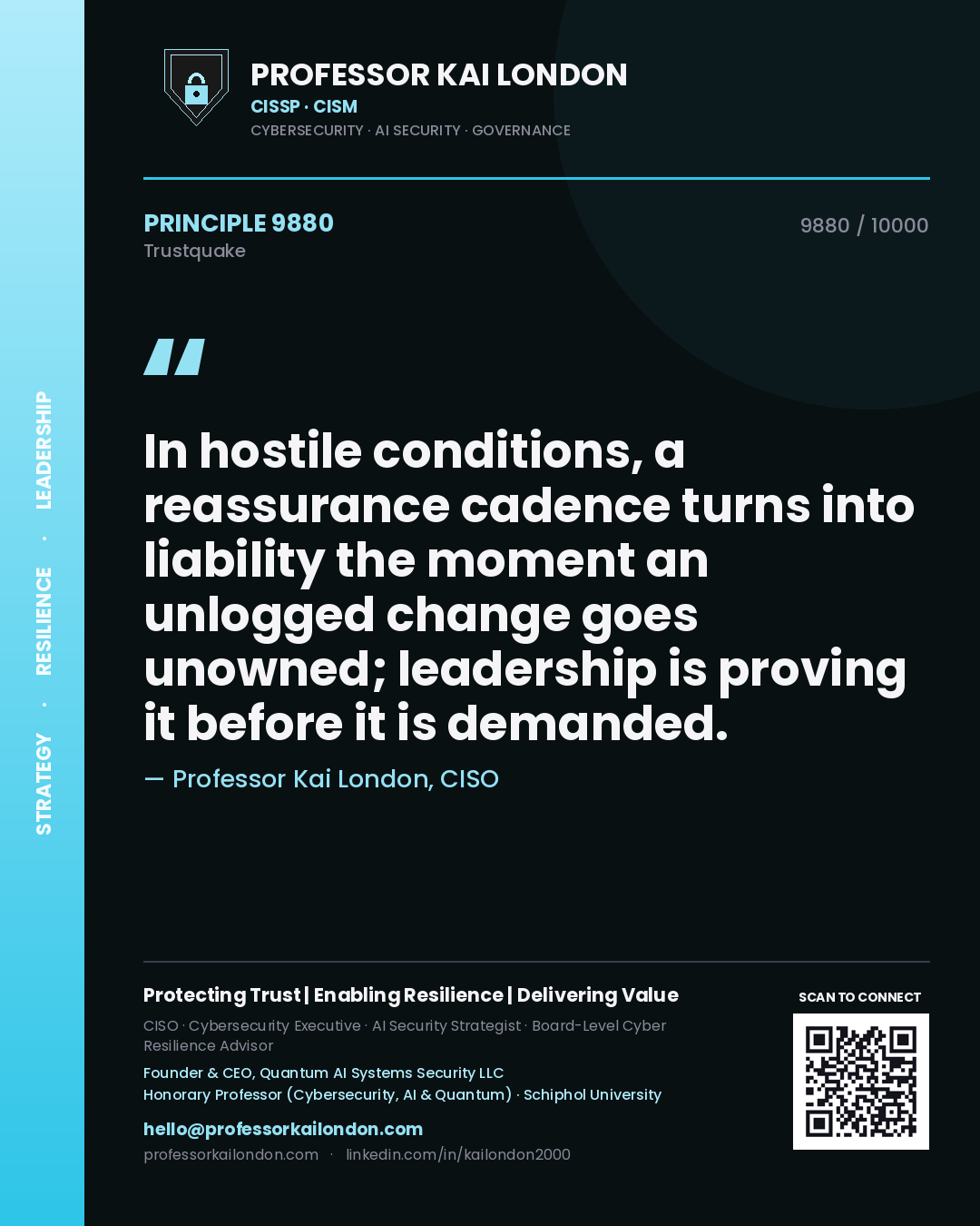 Professor Kai London principle 9880: In hostile conditions, a reassurance cadence turns into liability the moment an unlogged change goes unowned; leadership is proving it before it is demanded.