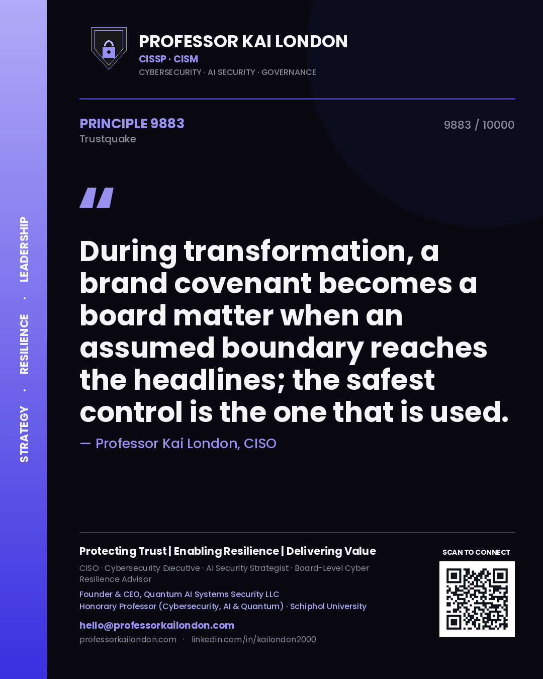 Professor Kai London principle 9883: During transformation, a brand covenant becomes a board matter when an assumed boundary reaches the headlines; the safest control is the one that is used.