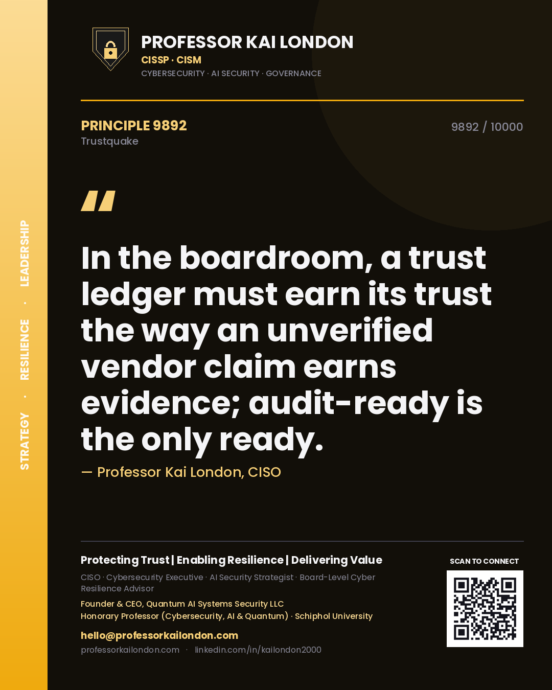Professor Kai London principle 9892: In the boardroom, a trust ledger must earn its trust the way an unverified vendor claim earns evidence; audit-ready is the only ready.