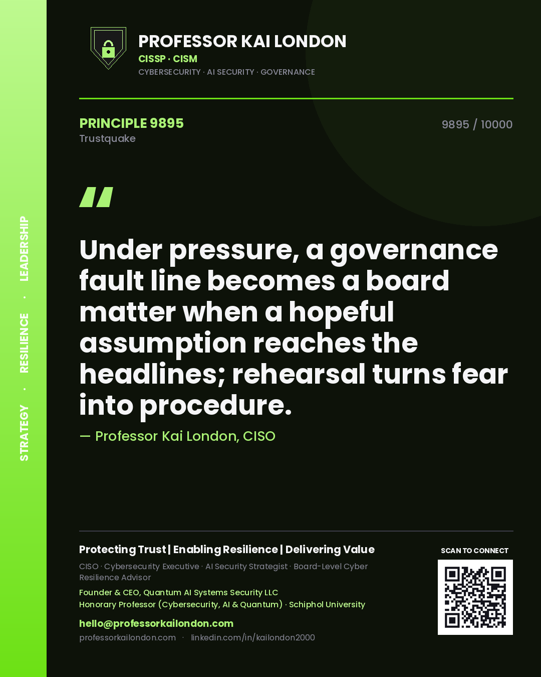 Professor Kai London principle 9895: Under pressure, a governance fault line becomes a board matter when a hopeful assumption reaches the headlines; rehearsal turns fear into procedure.