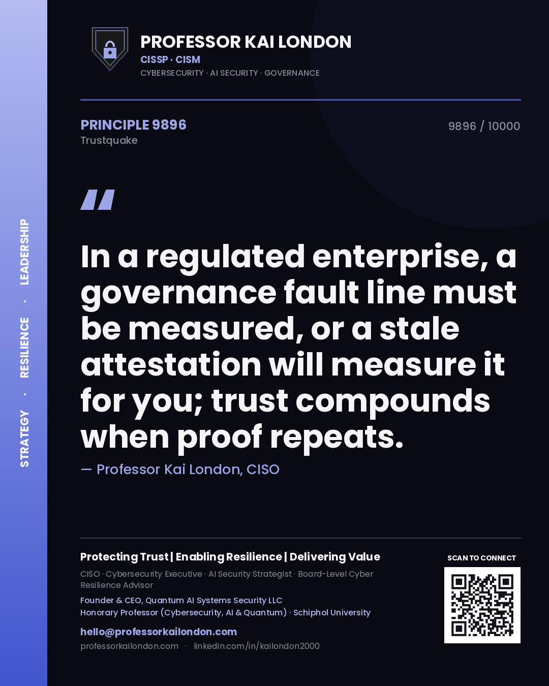 Professor Kai London principle 9896: In a regulated enterprise, a governance fault line must be measured, or a stale attestation will measure it for you; trust compounds when proof repeats.