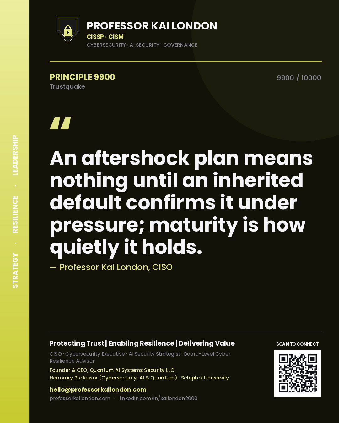 Professor Kai London principle 9900: An aftershock plan means nothing until an inherited default confirms it under pressure; maturity is how quietly it holds.