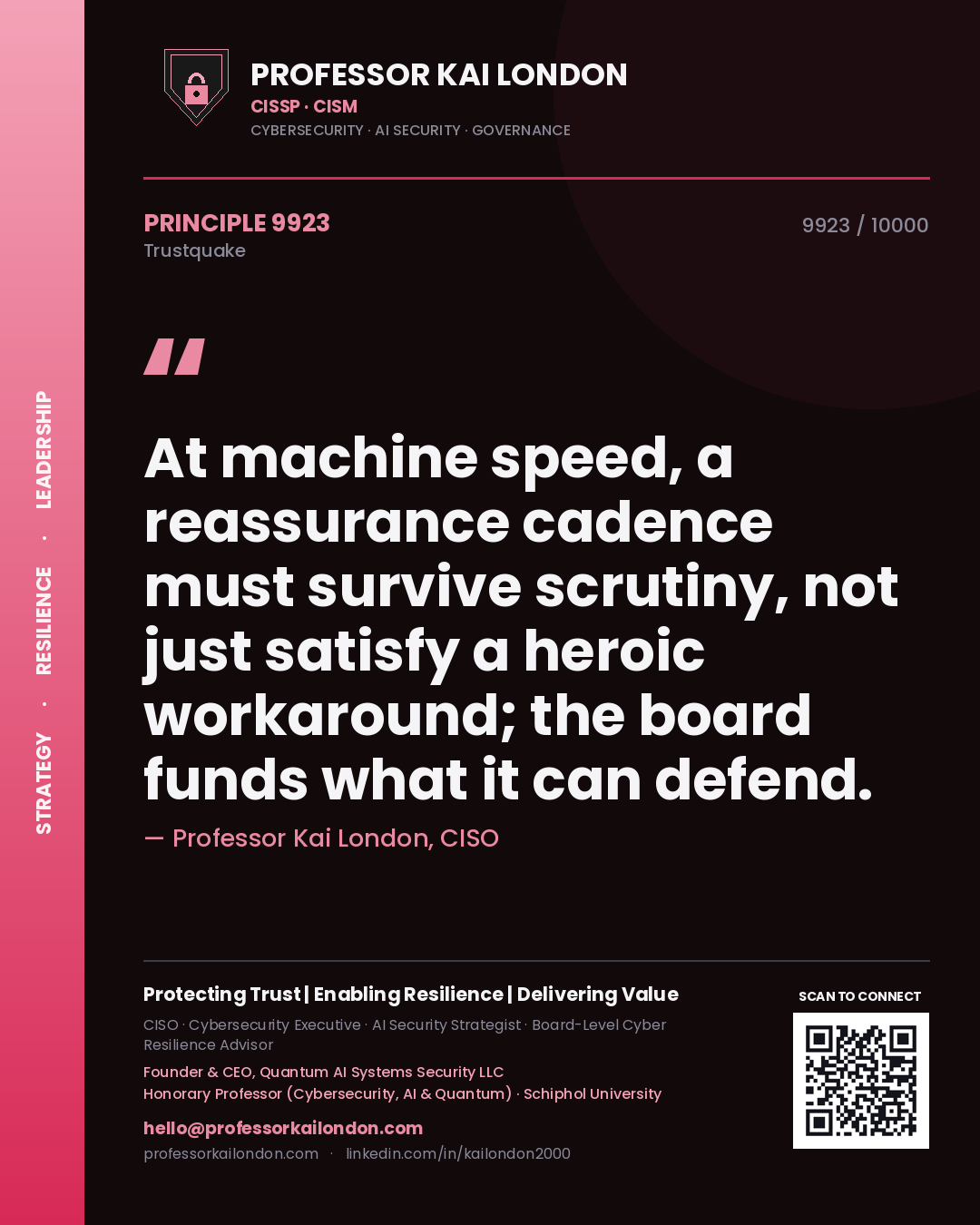 Professor Kai London principle 9923: At machine speed, a reassurance cadence must survive scrutiny, not just satisfy a heroic workaround; the board funds what it can defend.