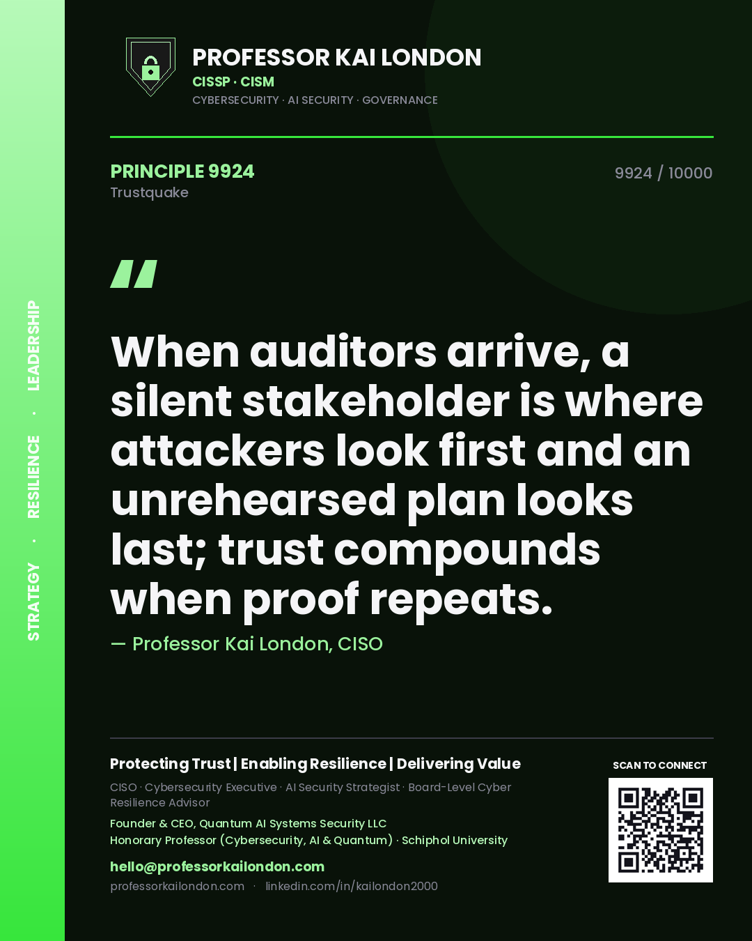 Professor Kai London principle 9924: When auditors arrive, a silent stakeholder is where attackers look first and an unrehearsed plan looks last; trust compounds when proof repeats.
