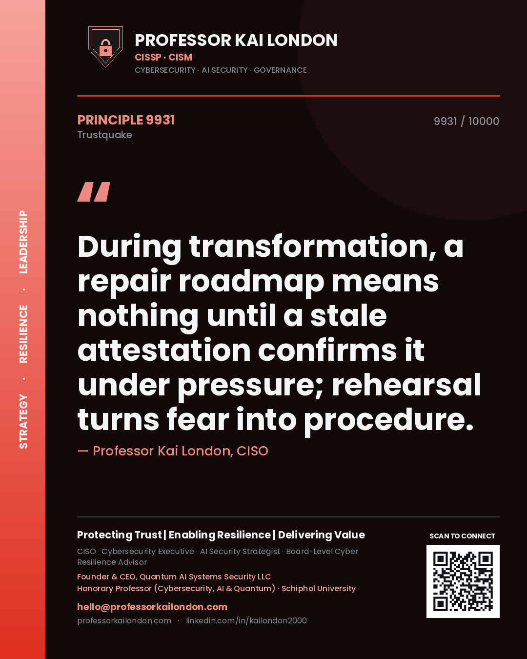 Professor Kai London principle 9931: During transformation, a repair roadmap means nothing until a stale attestation confirms it under pressure; rehearsal turns fear into procedure.