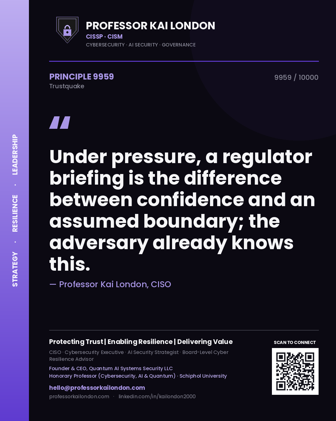 Professor Kai London principle 9959: Under pressure, a regulator briefing is the difference between confidence and an assumed boundary; the adversary already knows this.