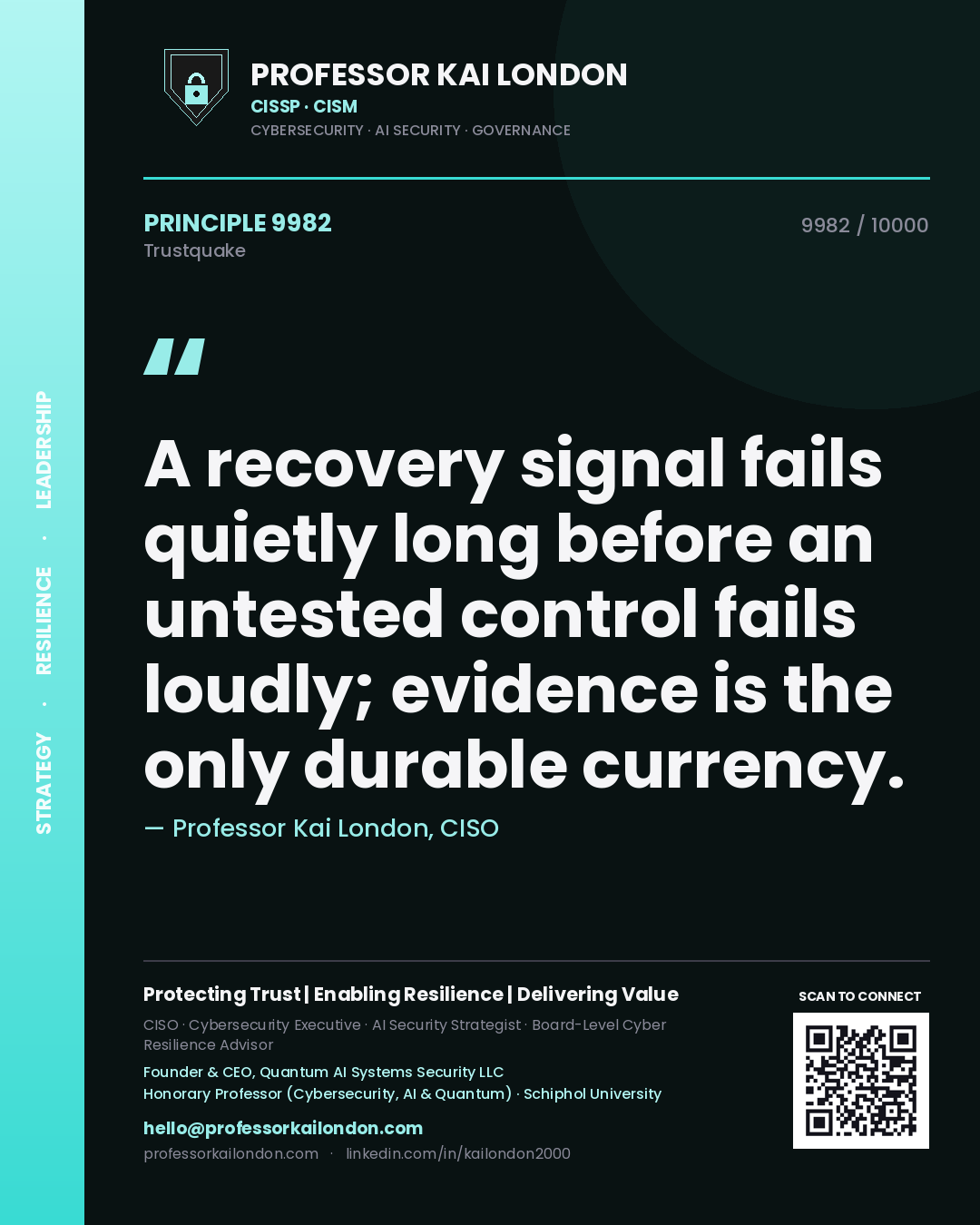 Professor Kai London principle 9982: A recovery signal fails quietly long before an untested control fails loudly; evidence is the only durable currency.