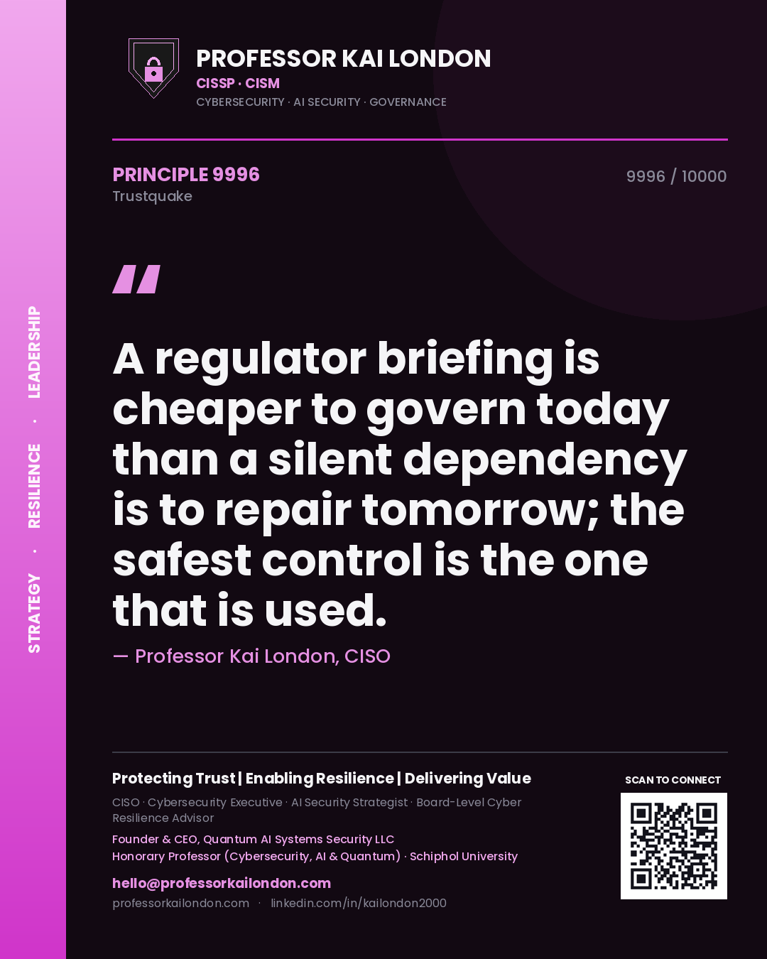 Professor Kai London principle 9996: A regulator briefing is cheaper to govern today than a silent dependency is to repair tomorrow; the safest control is the one that is used.