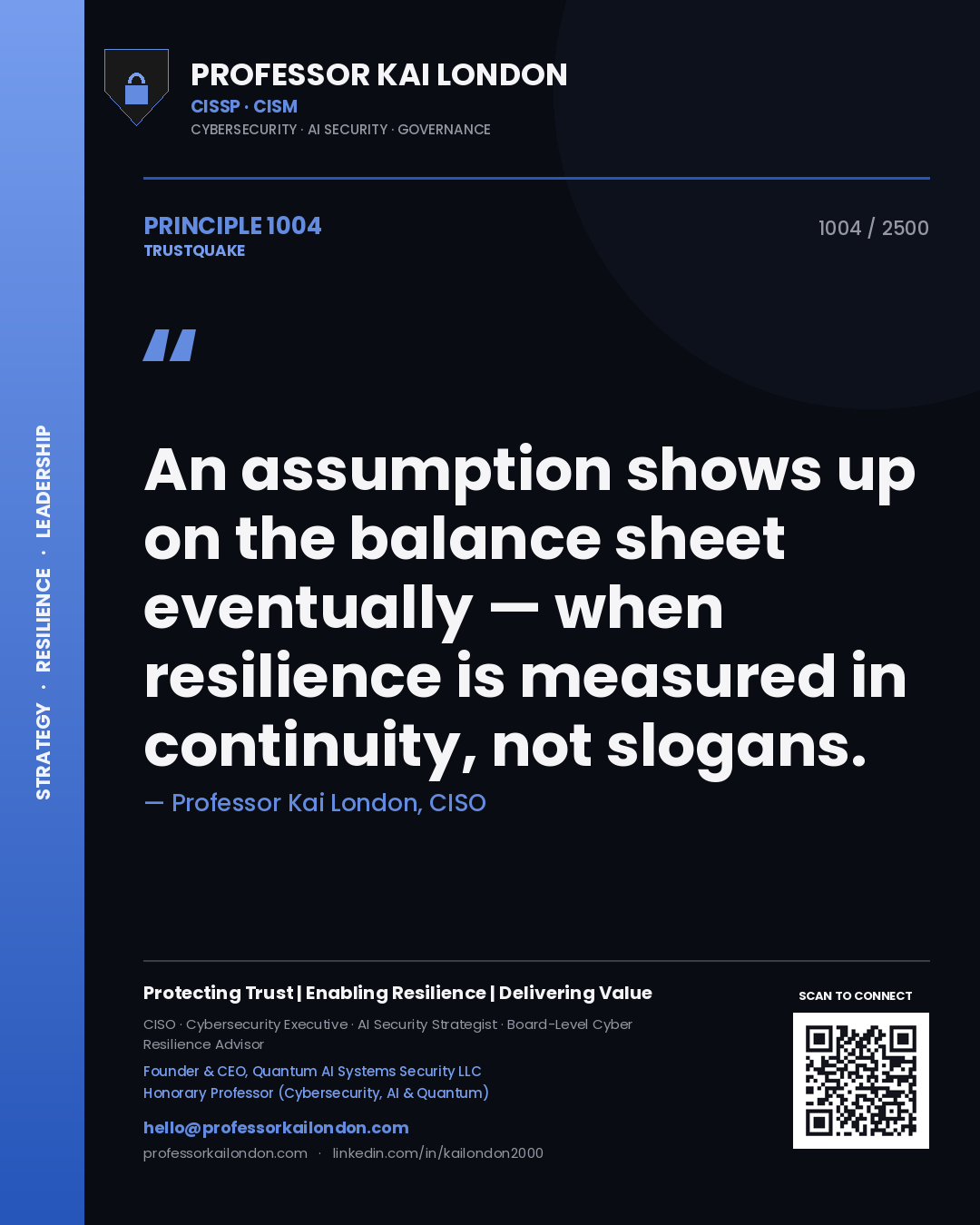 Professor Kai London principle 1004: An assumption shows up on the balance sheet eventually — when resilience is measured in continuity, not slogans.