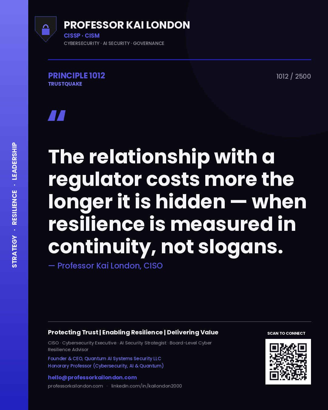 Professor Kai London principle 1012: The relationship with a regulator costs more the longer it is hidden — when resilience is measured in continuity, not slogans.