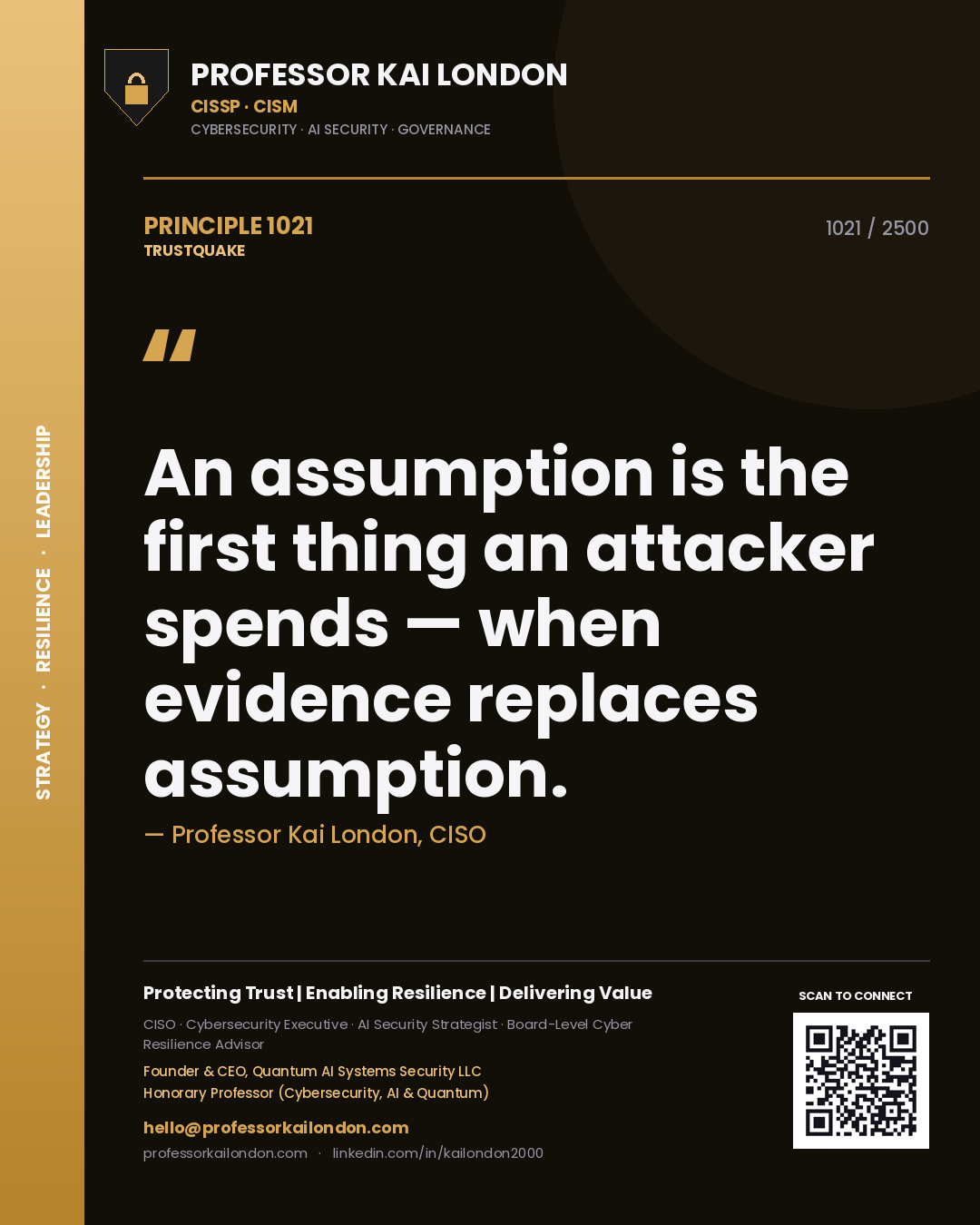 Professor Kai London principle 1021: An assumption is the first thing an attacker spends — when evidence replaces assumption.