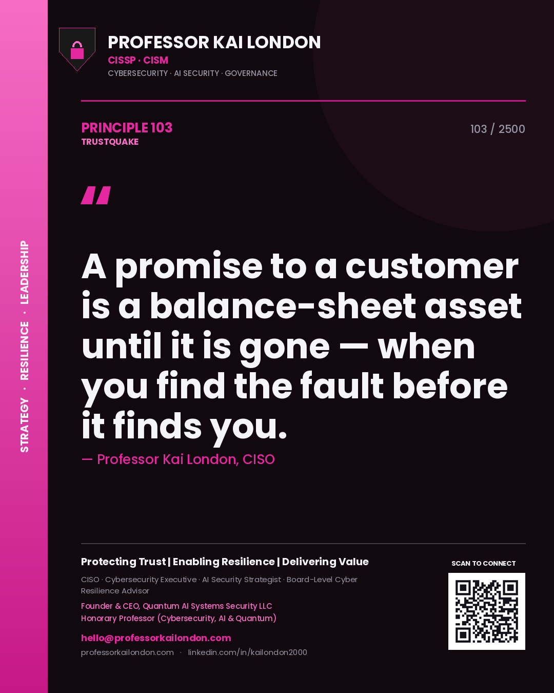 Professor Kai London principle 103: A promise to a customer is a balance-sheet asset until it is gone — when you find the fault before it finds you.