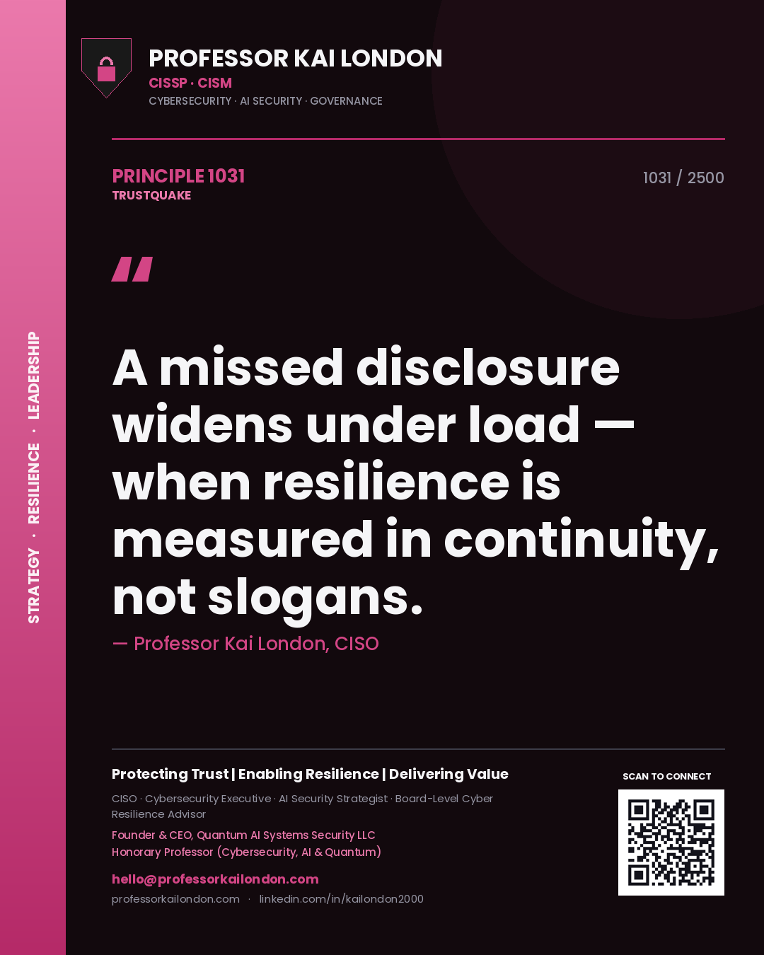 Professor Kai London principle 1031: A missed disclosure widens under load — when resilience is measured in continuity, not slogans.