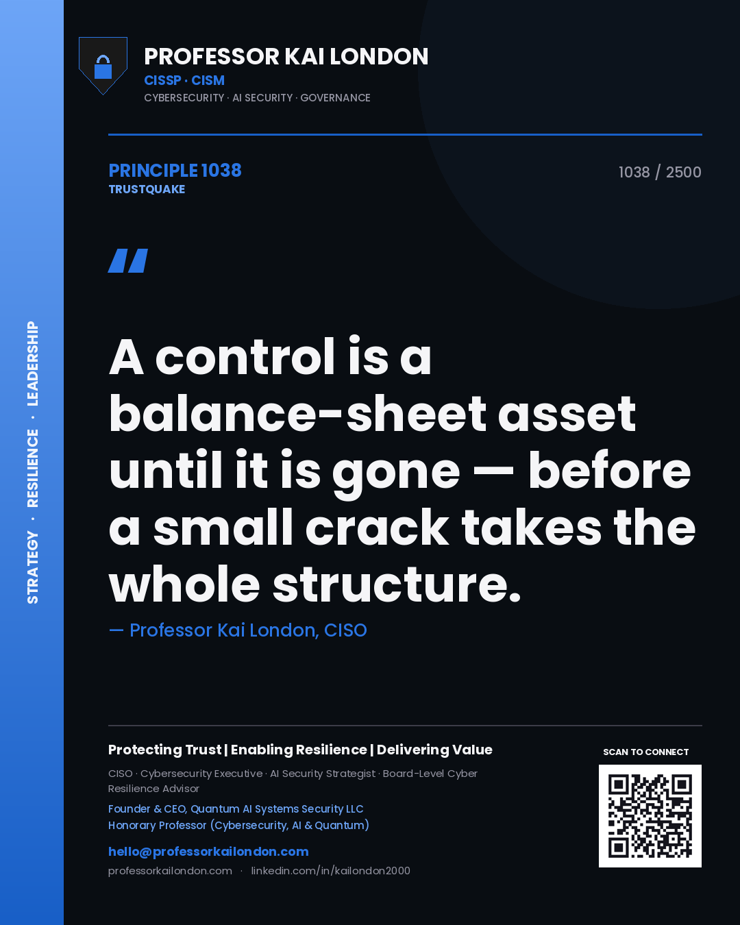 Professor Kai London principle 1038: A control is a balance-sheet asset until it is gone — before a small crack takes the whole structure.