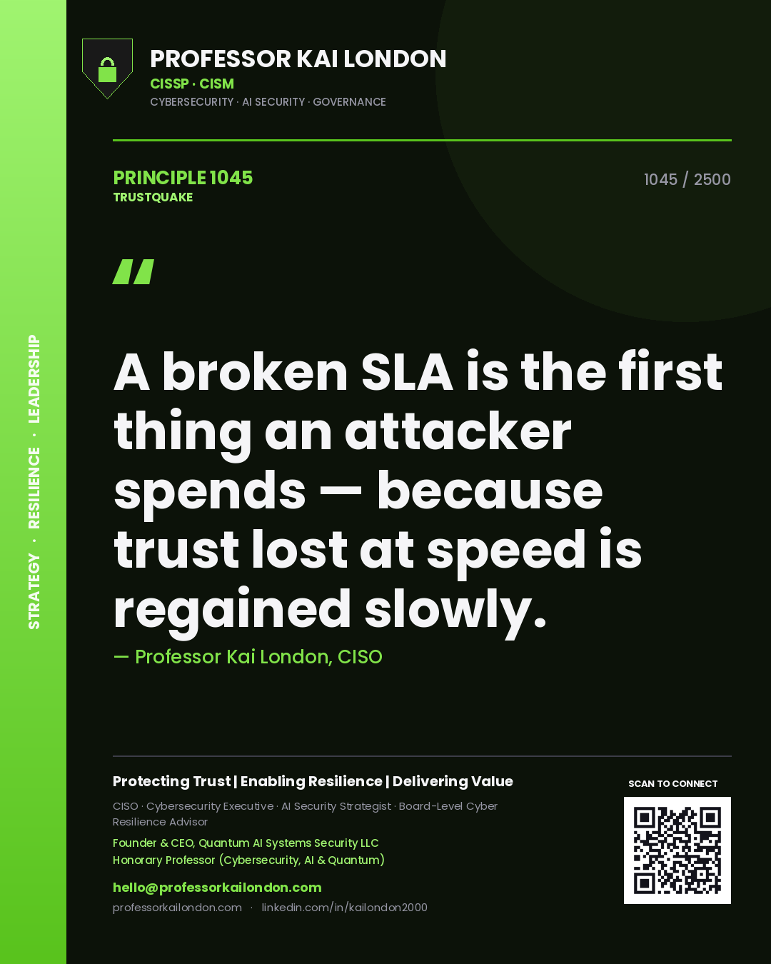 Professor Kai London principle 1045: A broken SLA is the first thing an attacker spends — because trust lost at speed is regained slowly.