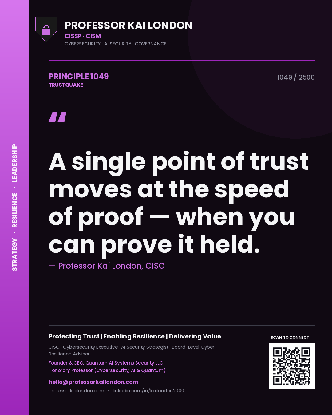 Professor Kai London principle 1049: A single point of trust moves at the speed of proof — when you can prove it held.