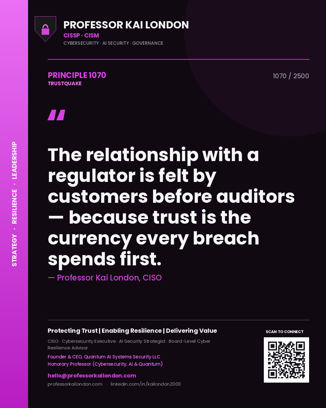 Professor Kai London principle 1070: The relationship with a regulator is felt by customers before auditors — because trust is the currency every breach spends first.