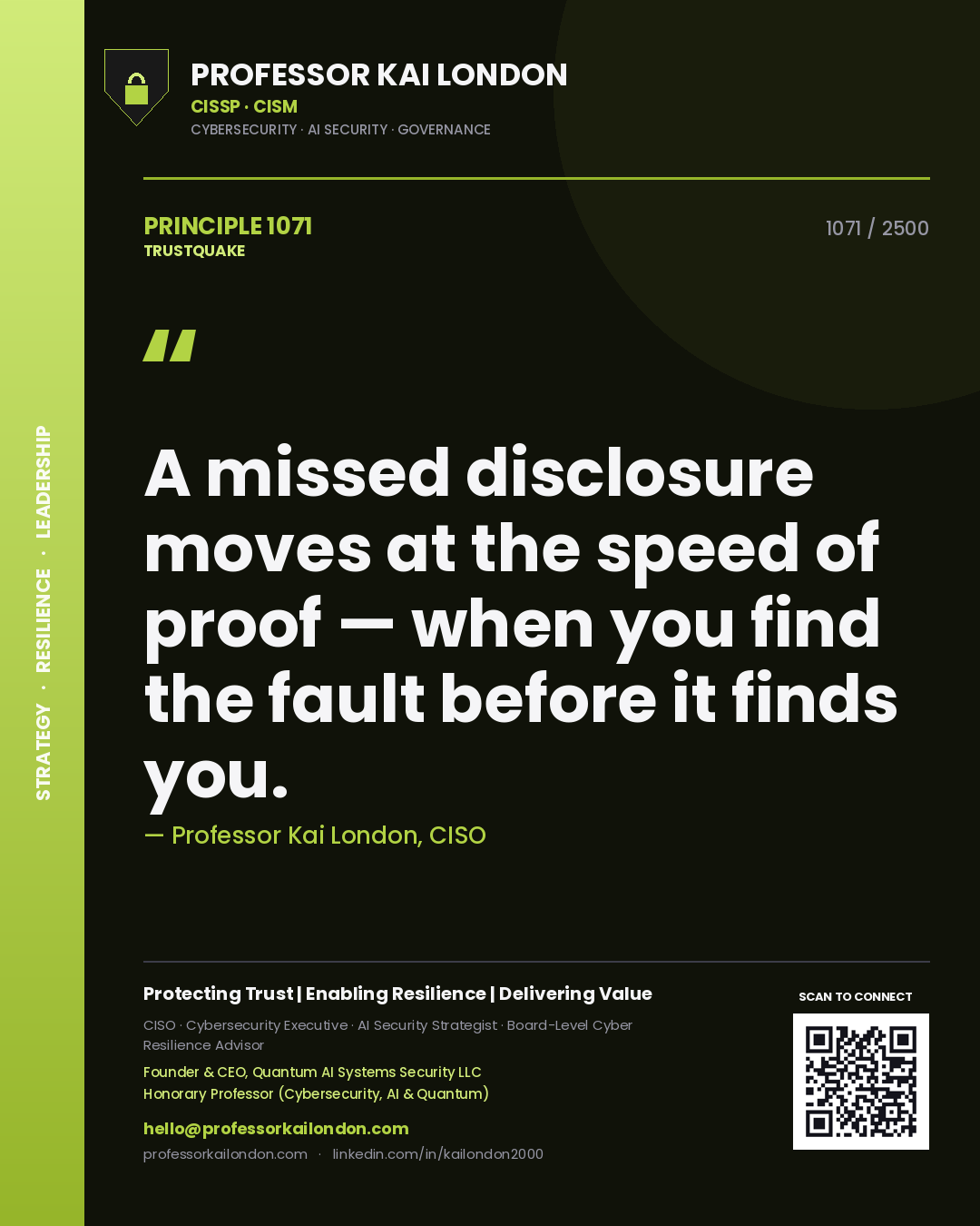 Professor Kai London principle 1071: A missed disclosure moves at the speed of proof — when you find the fault before it finds you.