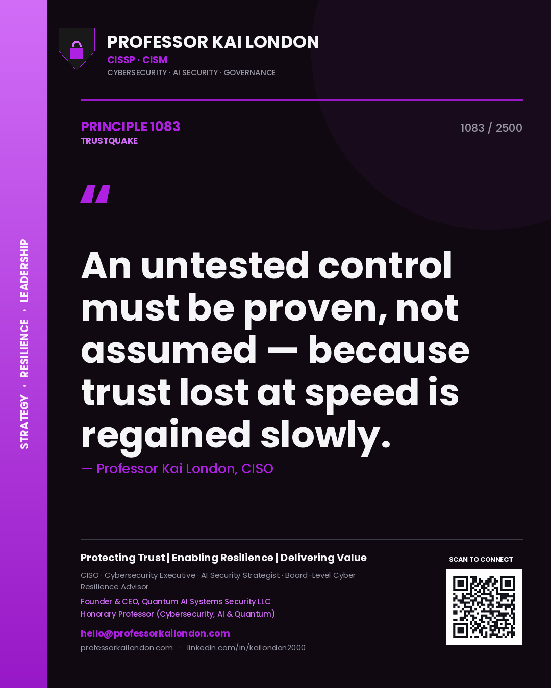 Professor Kai London principle 1083: An untested control must be proven, not assumed — because trust lost at speed is regained slowly.