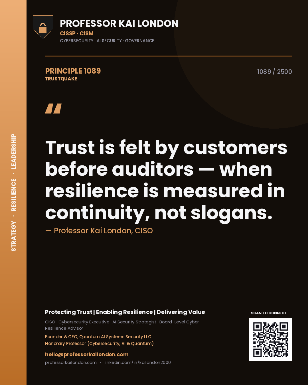 Professor Kai London principle 1089: Trust is felt by customers before auditors — when resilience is measured in continuity, not slogans.