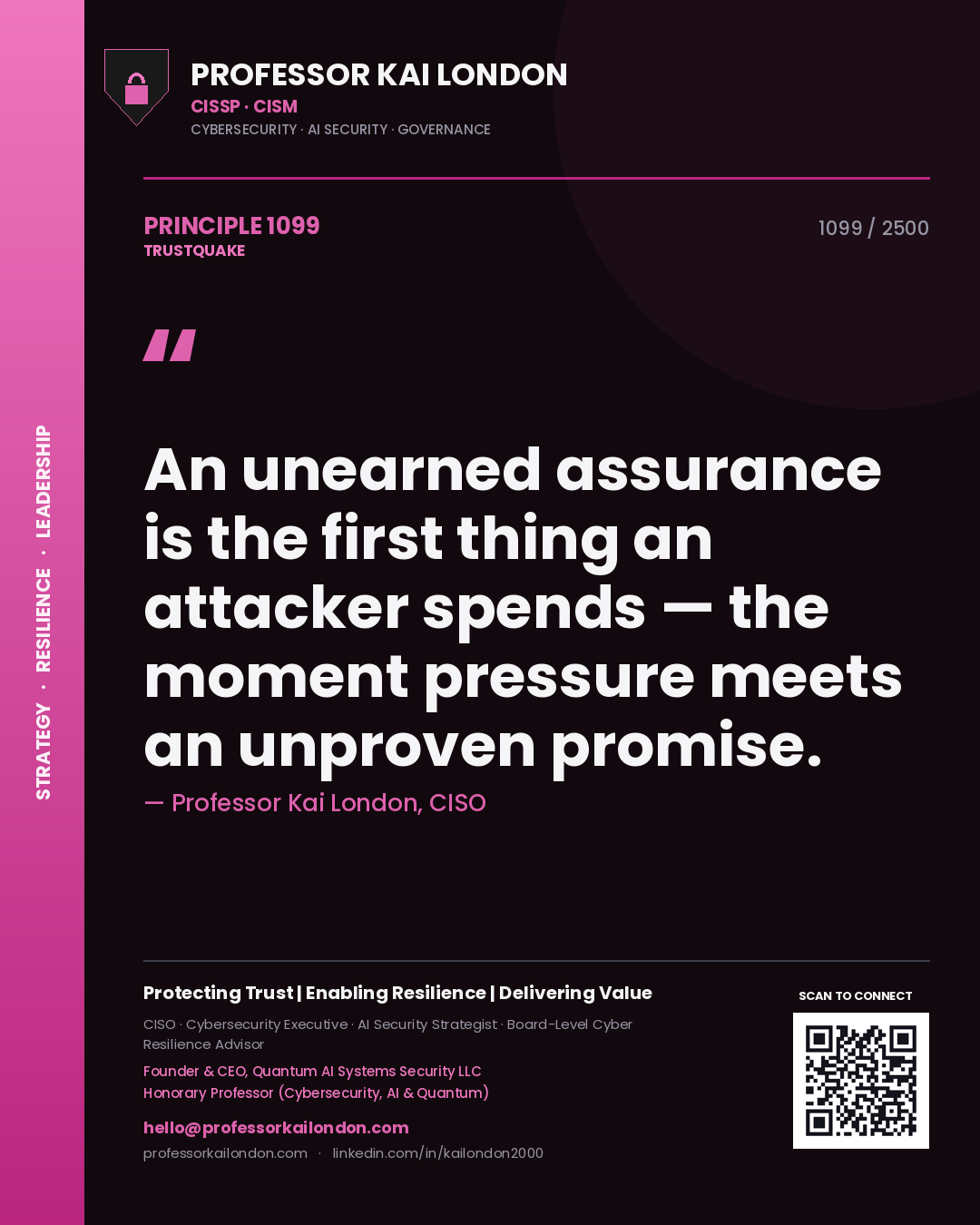 Professor Kai London principle 1099: An unearned assurance is the first thing an attacker spends — the moment pressure meets an unproven promise.