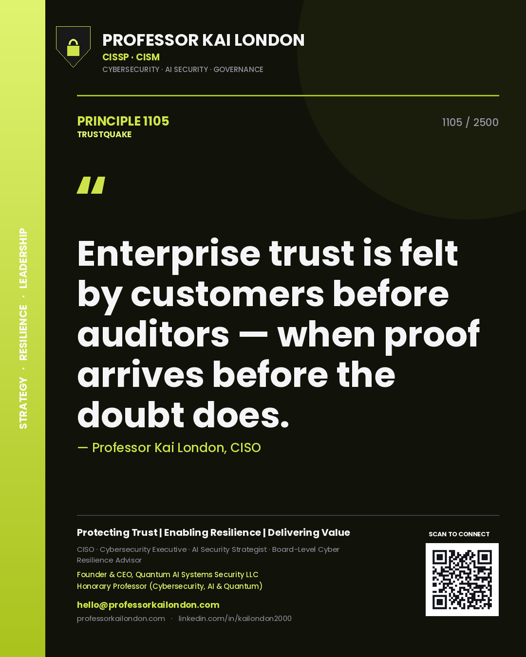 Professor Kai London principle 1105: Enterprise trust is felt by customers before auditors — when proof arrives before the doubt does.