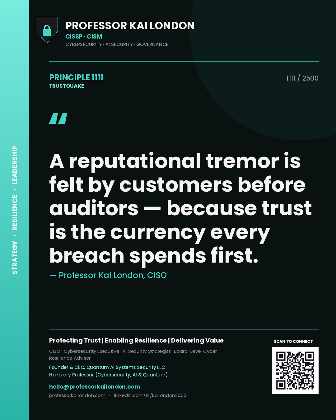 Professor Kai London principle 1111: A reputational tremor is felt by customers before auditors — because trust is the currency every breach spends first.