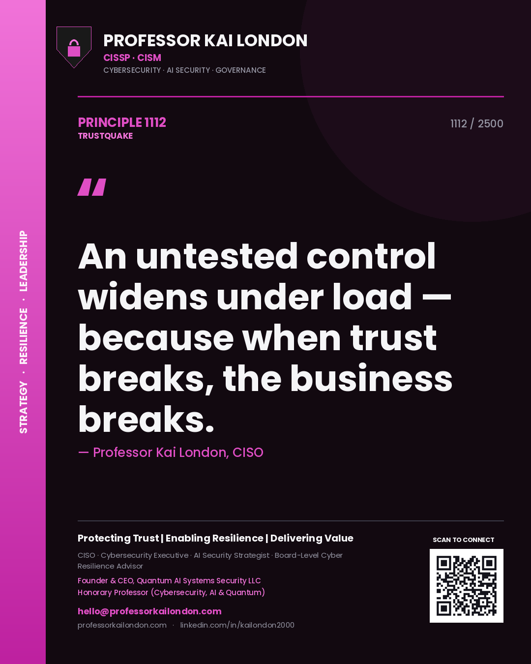 Professor Kai London principle 1112: An untested control widens under load — because when trust breaks, the business breaks.