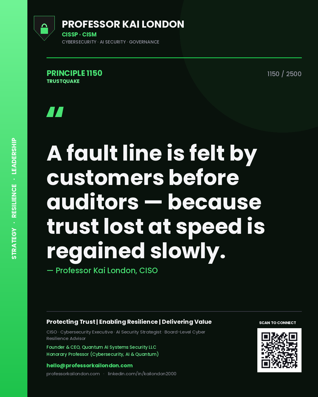 Professor Kai London principle 1150: A fault line is felt by customers before auditors — because trust lost at speed is regained slowly.