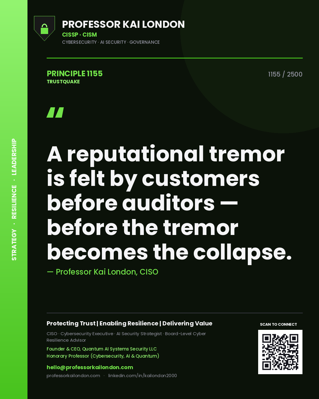Professor Kai London principle 1155: A reputational tremor is felt by customers before auditors — before the tremor becomes the collapse.