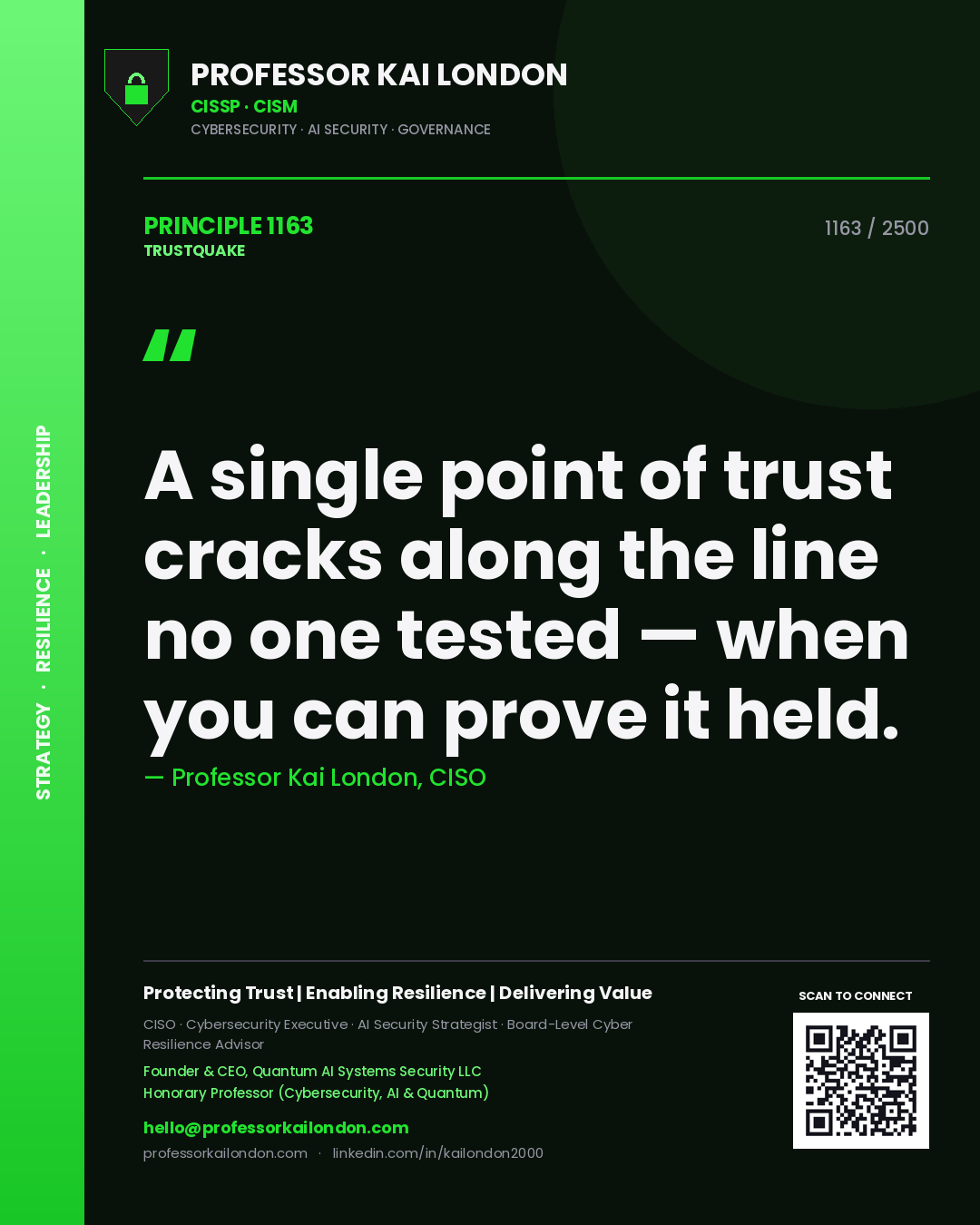 Professor Kai London principle 1163: A single point of trust cracks along the line no one tested — when you can prove it held.