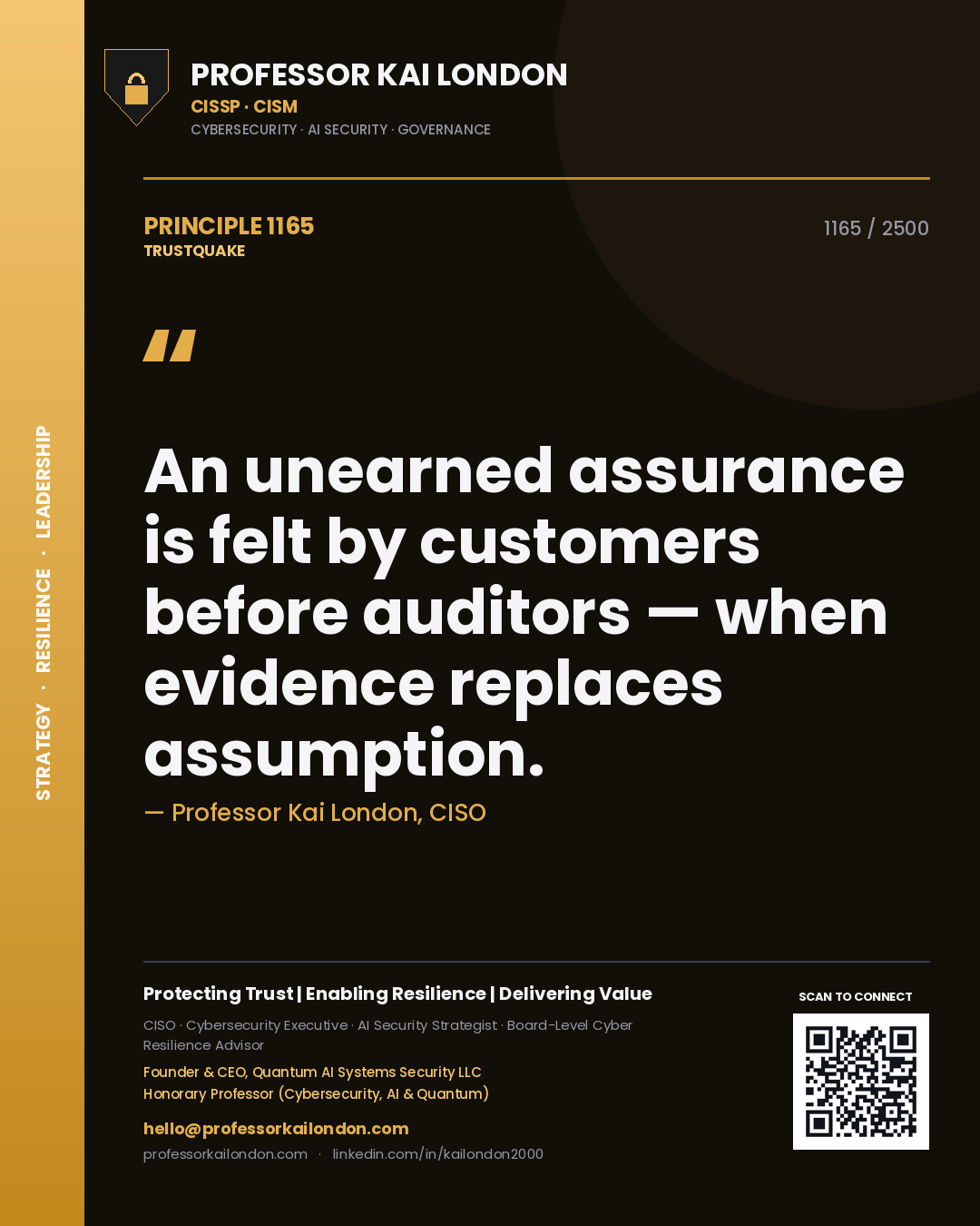 Professor Kai London principle 1165: An unearned assurance is felt by customers before auditors — when evidence replaces assumption.
