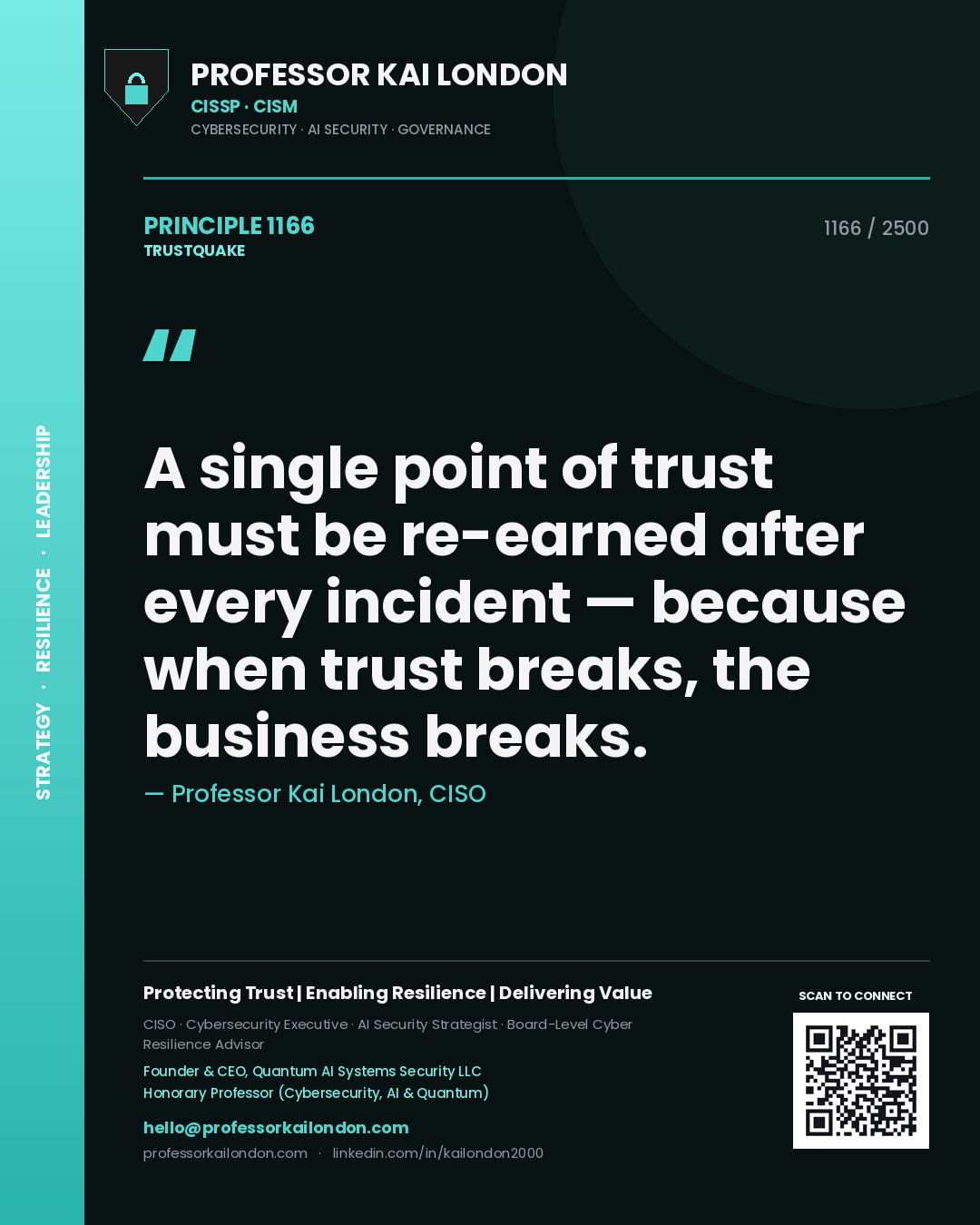 Professor Kai London principle 1166: A single point of trust must be re-earned after every incident — because when trust breaks, the business breaks.
