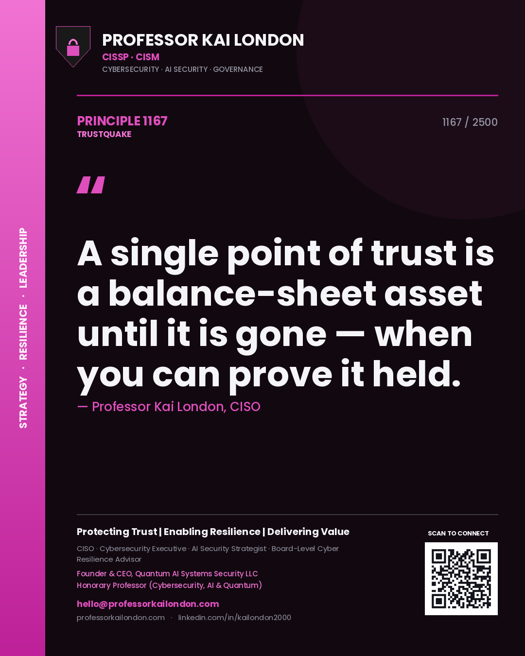 Professor Kai London principle 1167: A single point of trust is a balance-sheet asset until it is gone — when you can prove it held.