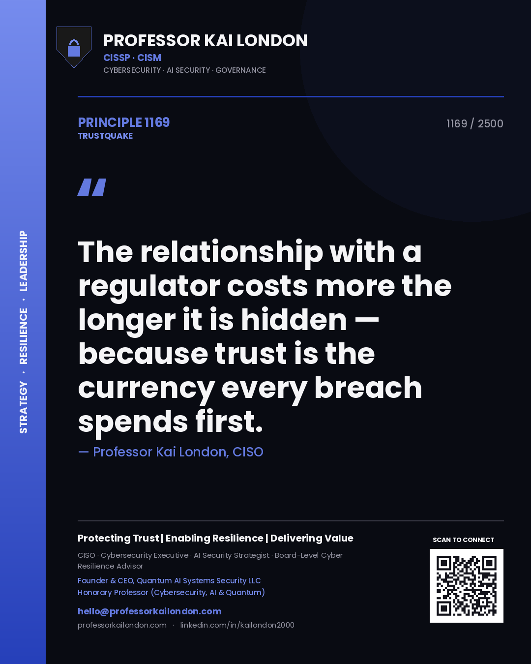Professor Kai London principle 1169: The relationship with a regulator costs more the longer it is hidden — because trust is the currency every breach spends first.