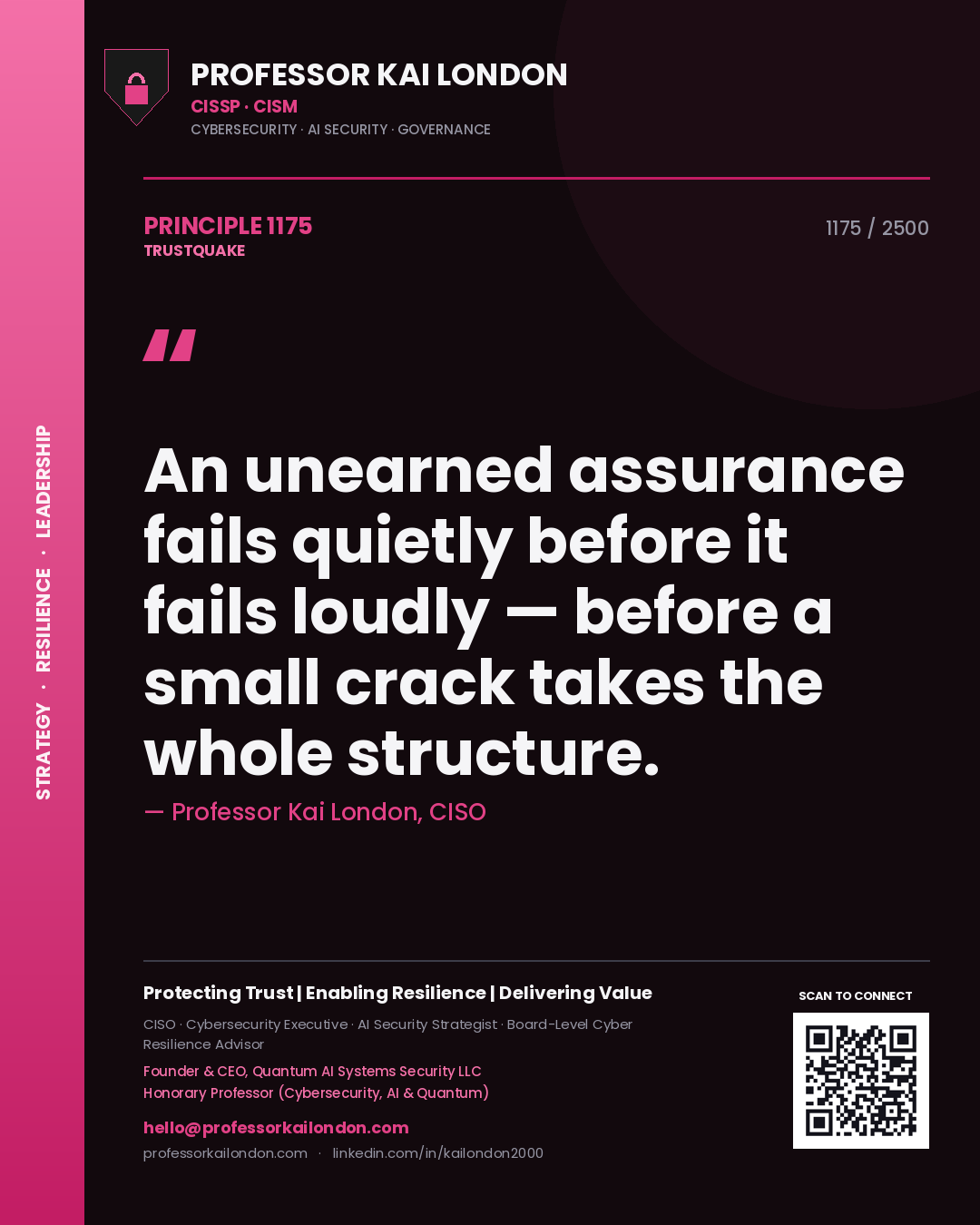 Professor Kai London principle 1175: An unearned assurance fails quietly before it fails loudly — before a small crack takes the whole structure.