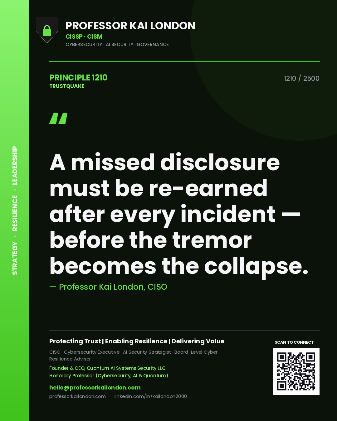 Professor Kai London principle 1210: A missed disclosure must be re-earned after every incident — before the tremor becomes the collapse.